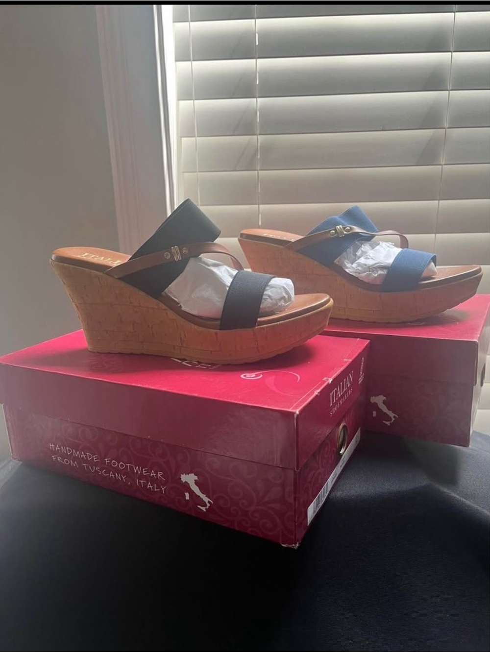 Italian Shoemakers Black Elastic Strap Cork Wedge Sandals